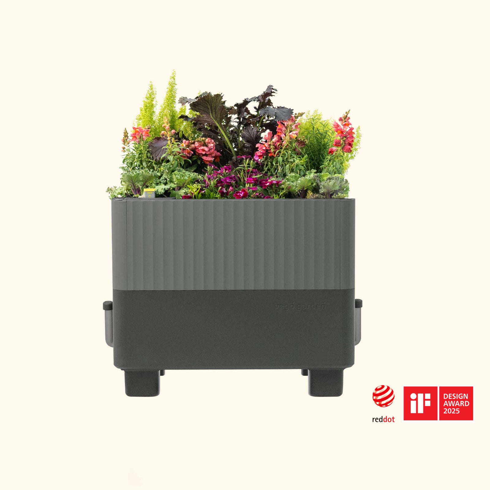 EZCube Self-Watering Planter – 21″ x 24″ in fog gray with colorful flowers and plants on a white background.