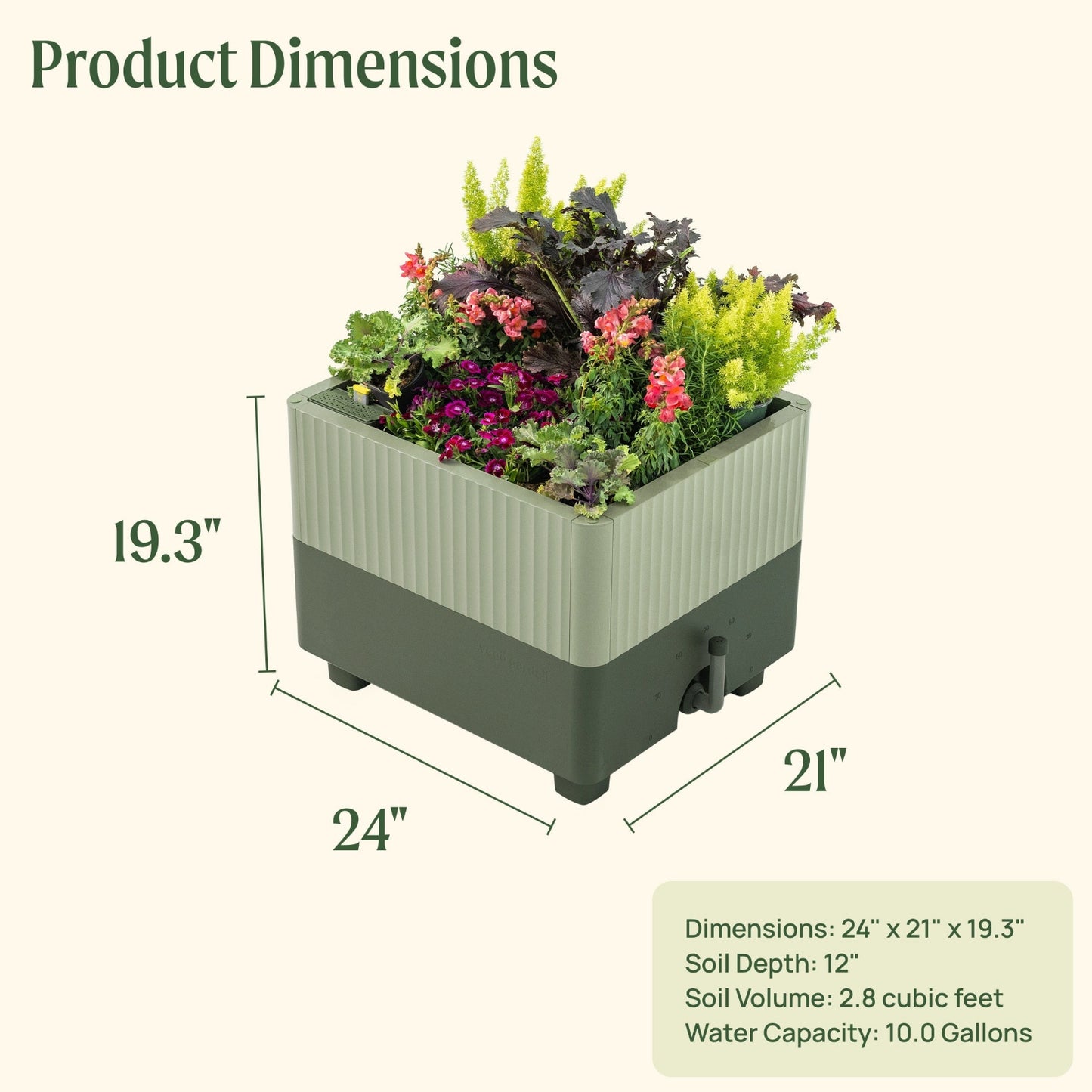 Dimensions of the EZCube Selt-watering planter with plants, showing height of 19.3", width 21", and length of 24", soil depth 12", soil volume 2.8 cubic feet, and water capacity of 10 gallons.