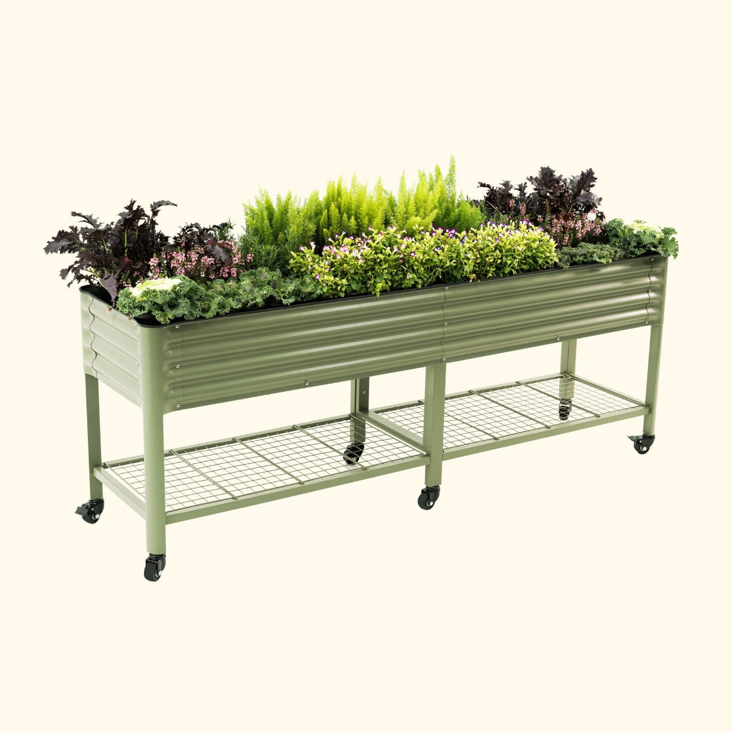 Olive Green elevated metal garden bed with wheels and plants on a white background