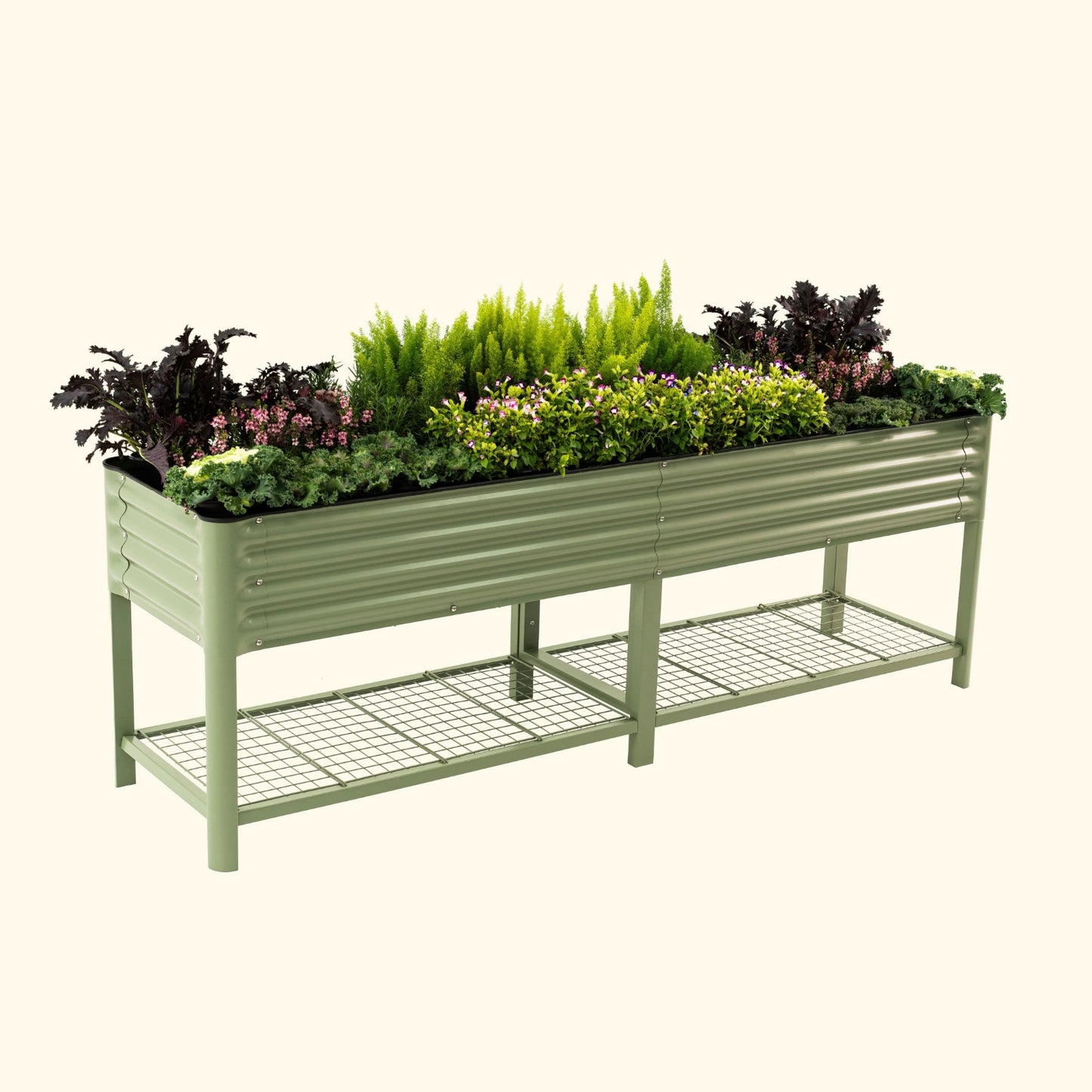 Olive green elevated metal garden bed with plants on a white background