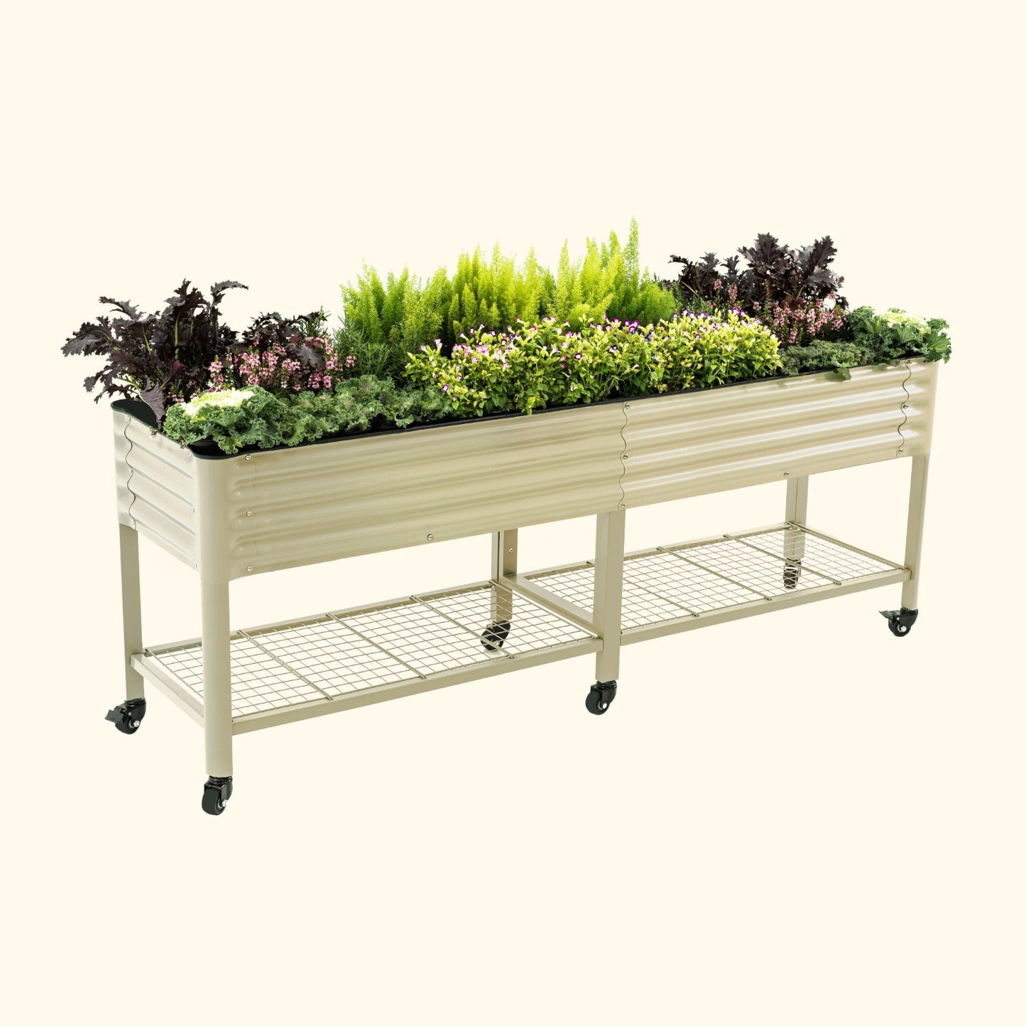 Pearl White elevated metal garden bed with wheels and plants on a white background