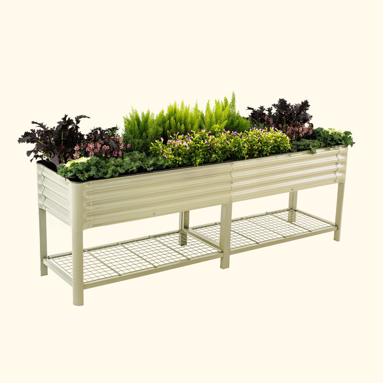 Pearl White elevated metal garden bed with plants on a white background