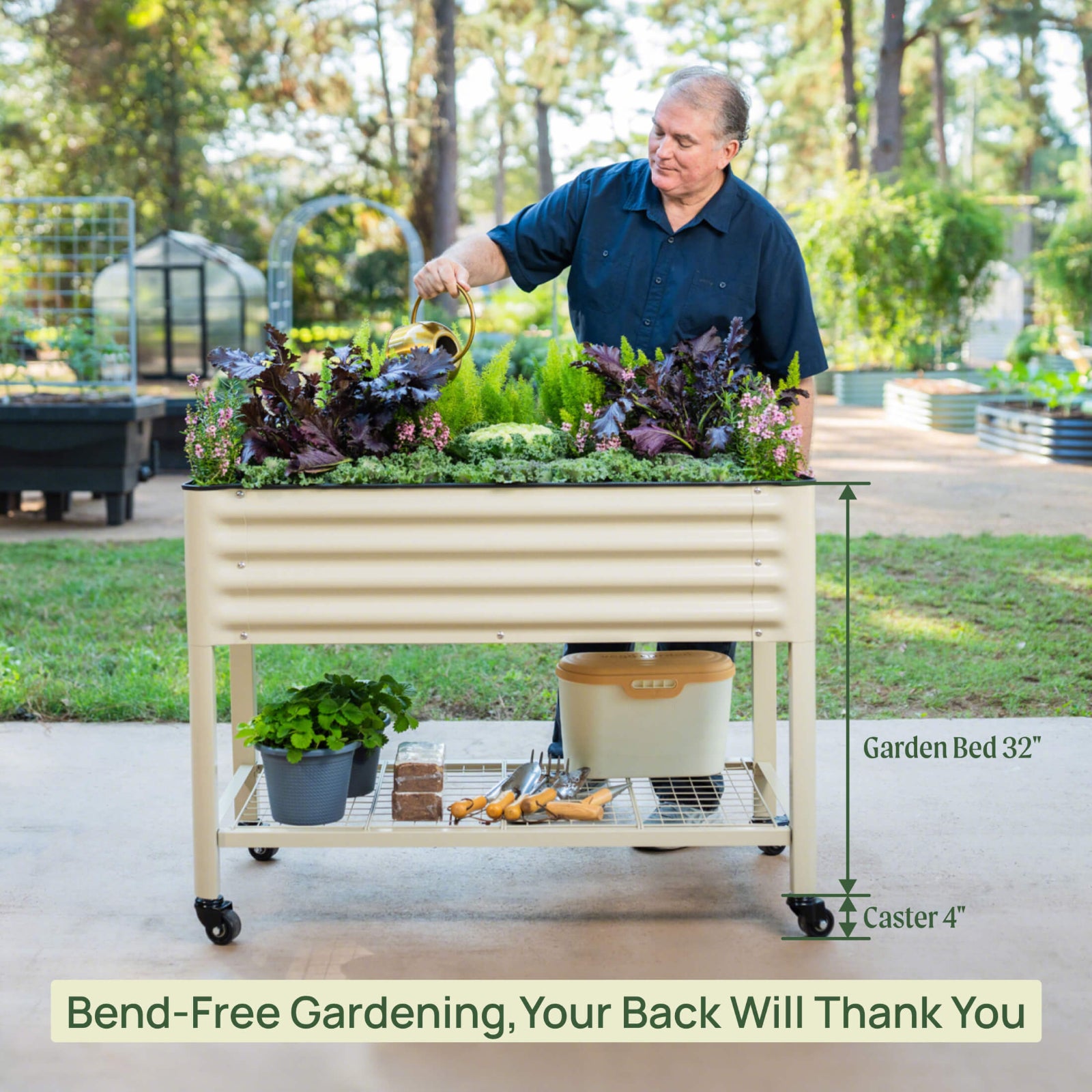 Person gardening on a raised garden bed with text about bend-free gardening.