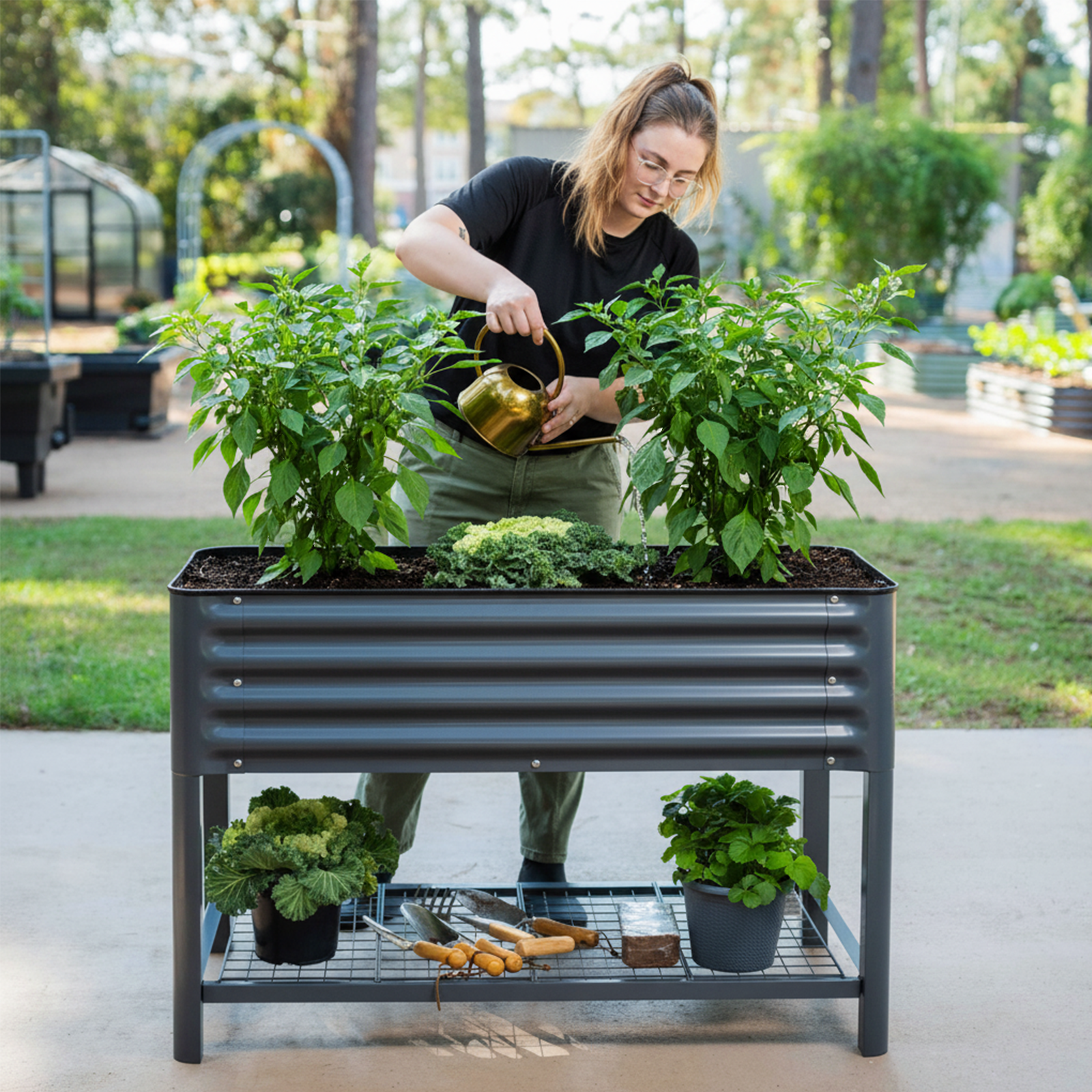 Person tending to pepper plants in a modern gray raised garden bed outdoors.