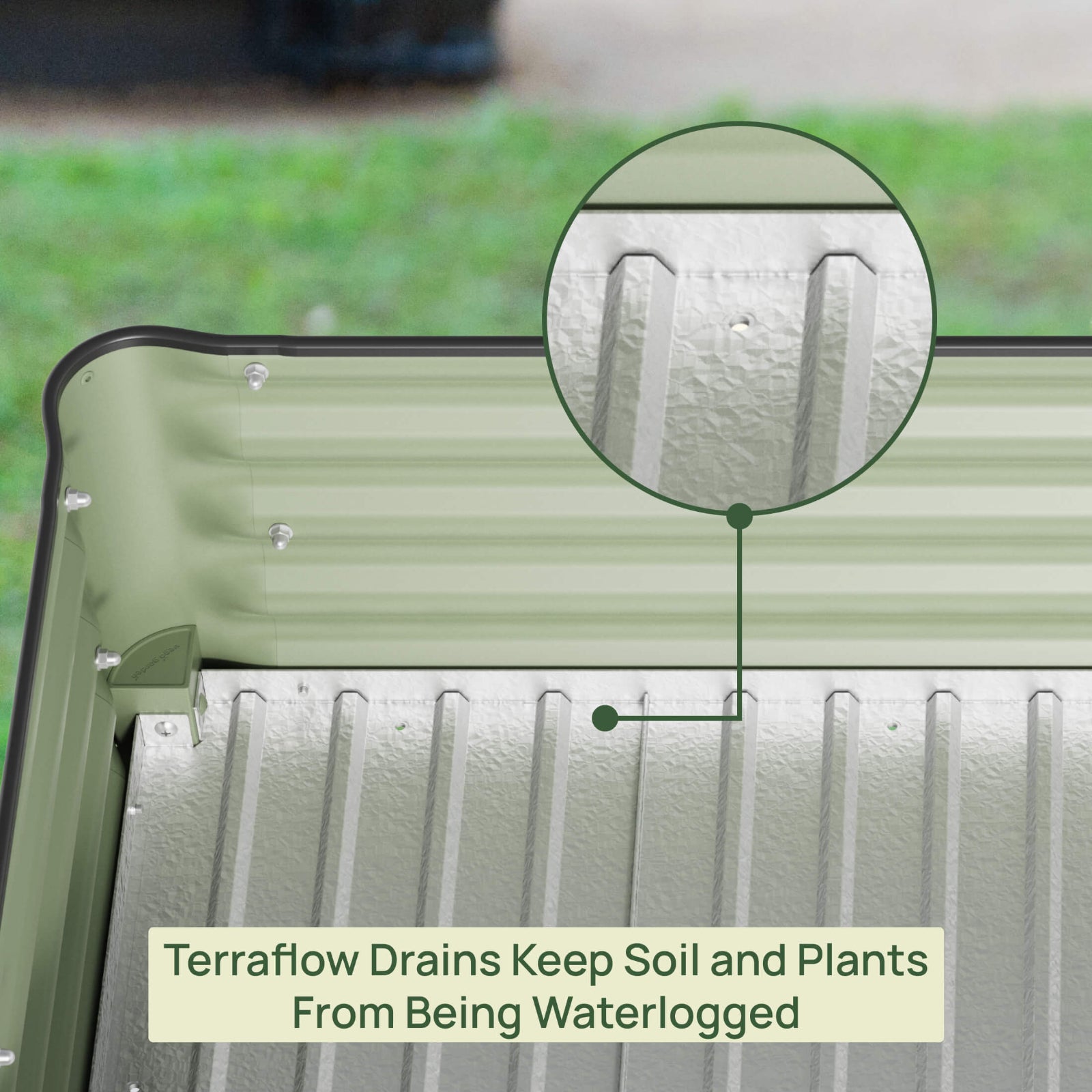 Close-up of a garden bed with a focus on the terraflow drain system, highlighting how it prevents waterlogging.