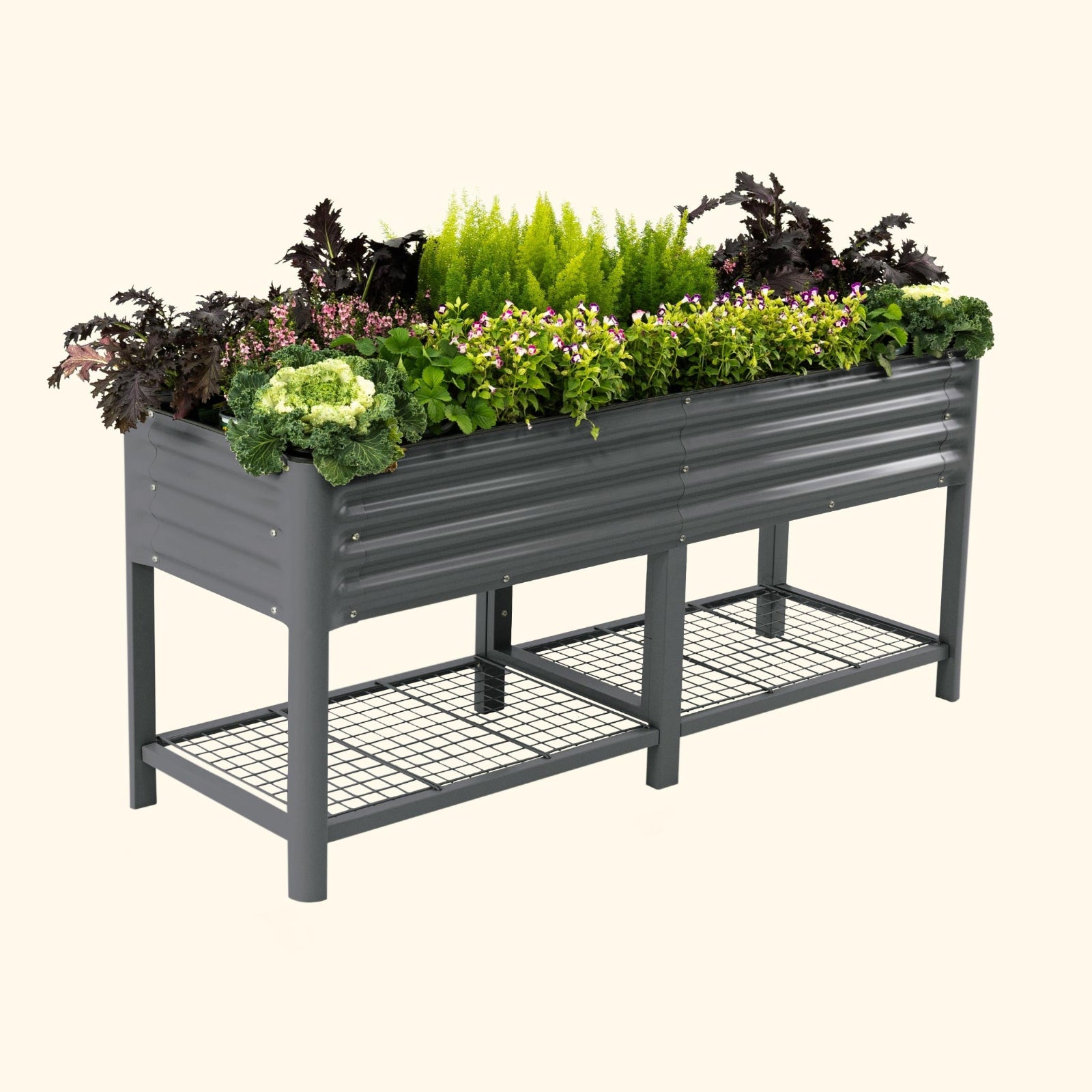 A modern gray elevated garden bed with colorful plants inside on a white background.