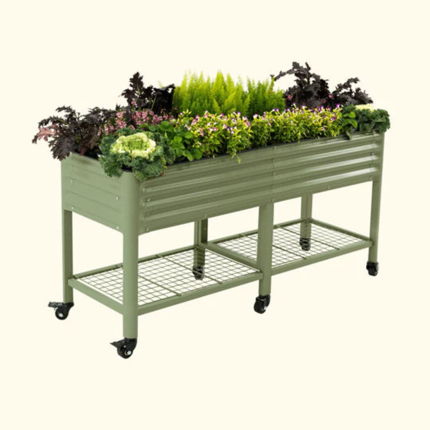 Olive green elevated metal garden bed with wheels with plants on a white background