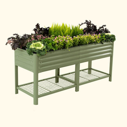 An olive green elevated garden bed with color plants inside on a white background.