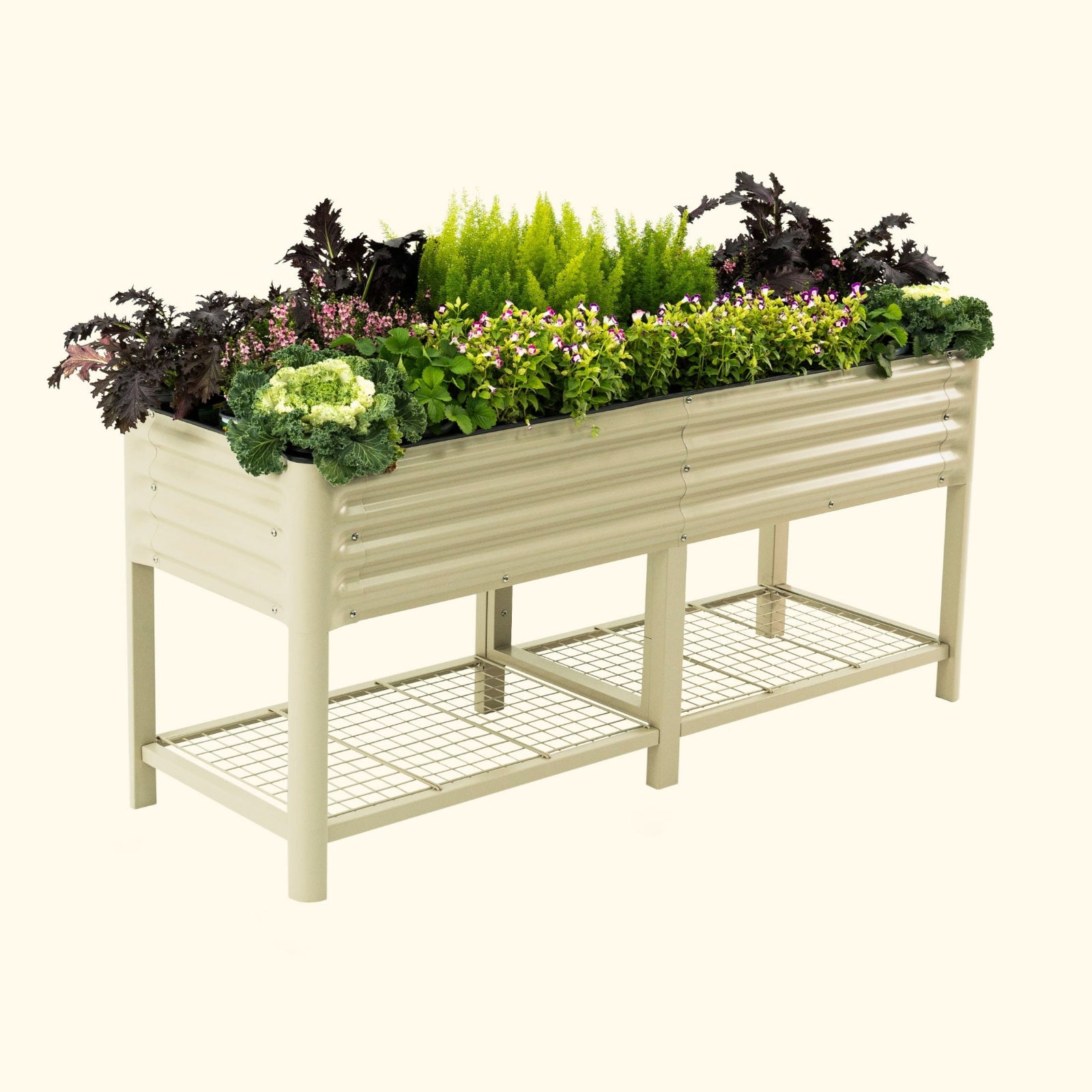 A pearl white elevated garden bed with colorful plants inside on a white background.