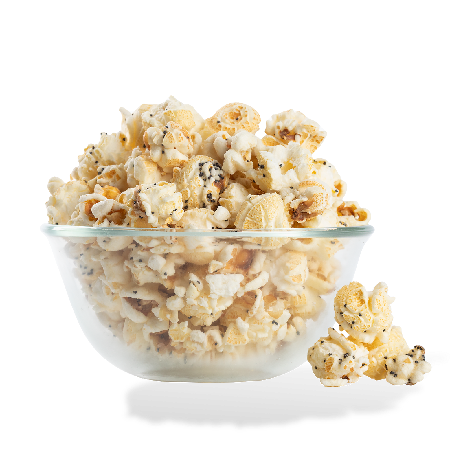 Everything Bagel Popcorn popped in a bowl on a white background