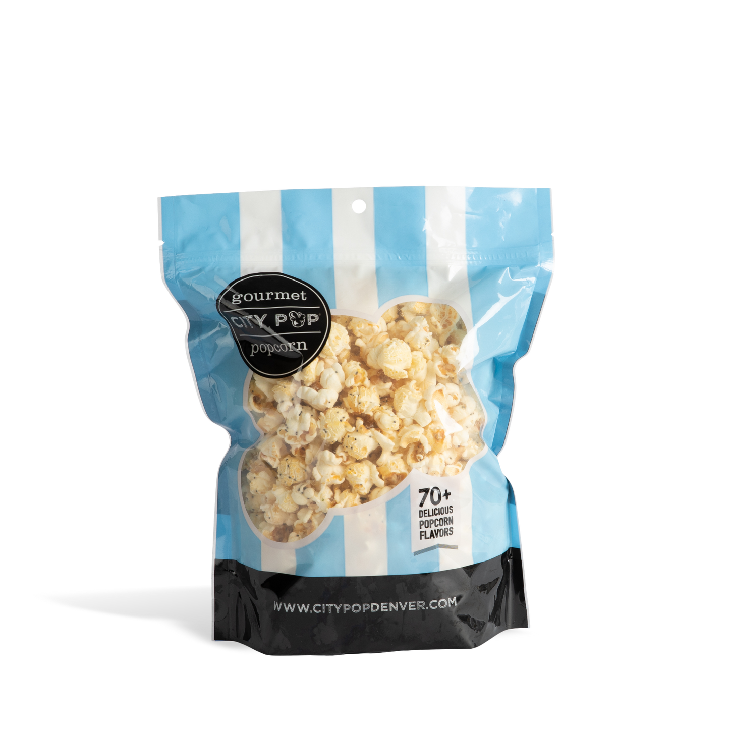 Bag of City Pop Everything Bagel popcorn with blue and white striped design on a white background
