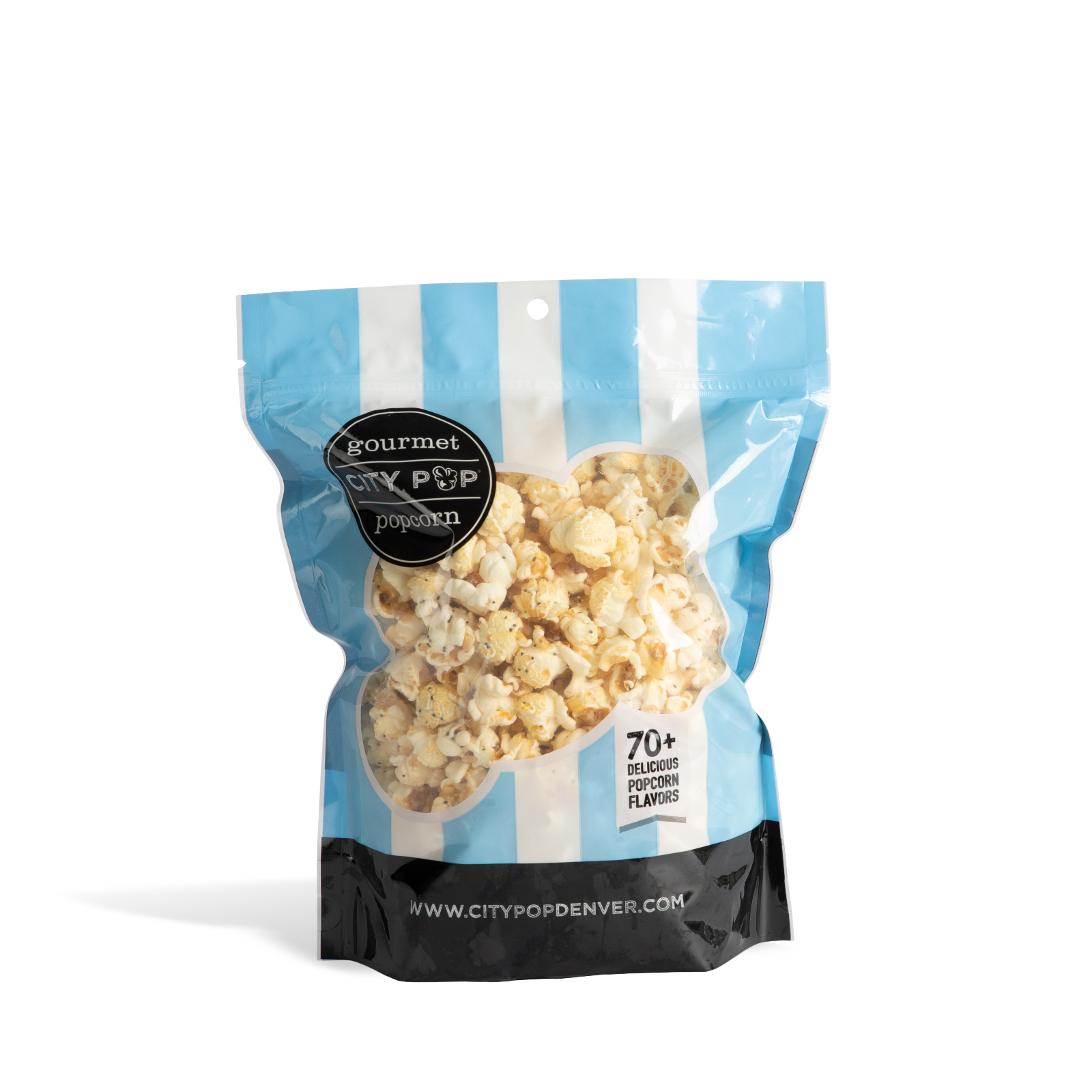 Bag of City Pop Everything Bagel popcorn with blue and white striped design on a white background