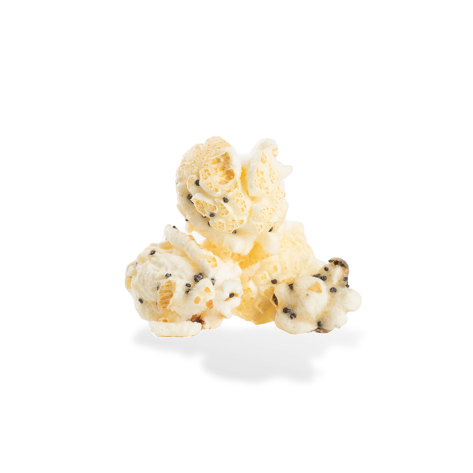 Three pieces of Everything Bagel popcorn on a white background