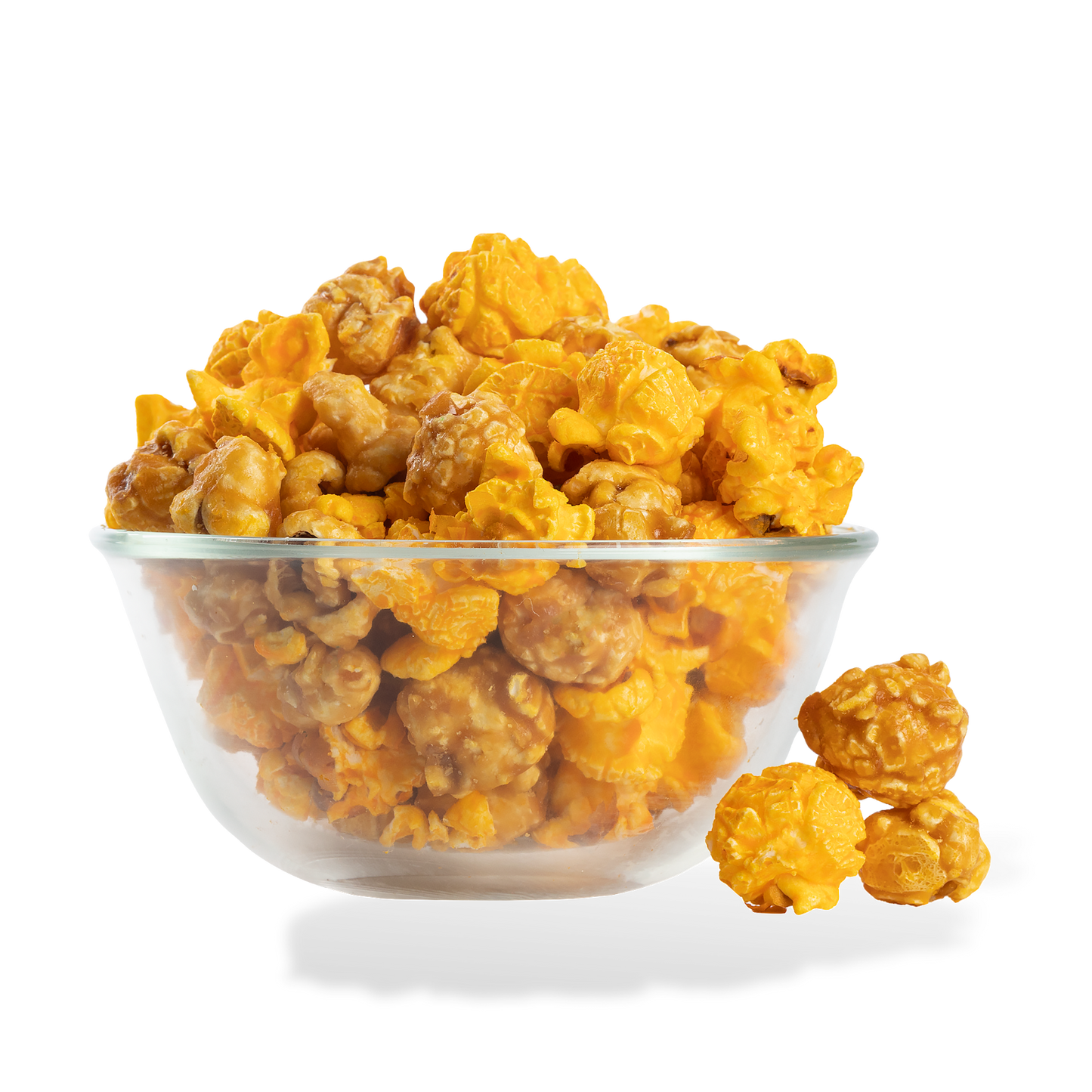 Extra Buttery Caramel and Cheese Mix Popcorn popped in a bowl on a white background
