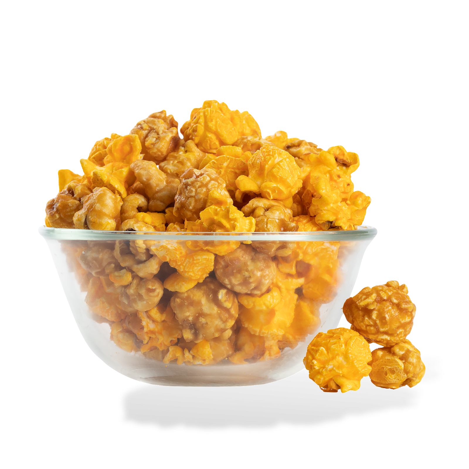 Extra Buttery Caramel and Cheese Mix Popcorn popped in a bowl on a white background