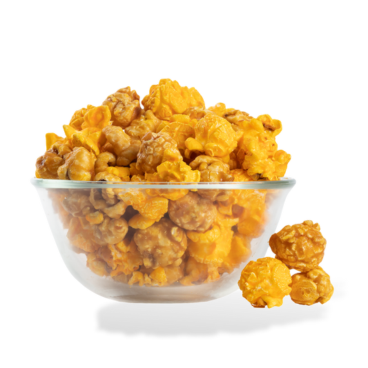 Extra Buttery Caramel and Cheese Mix Popcorn popped in a bowl on a white background