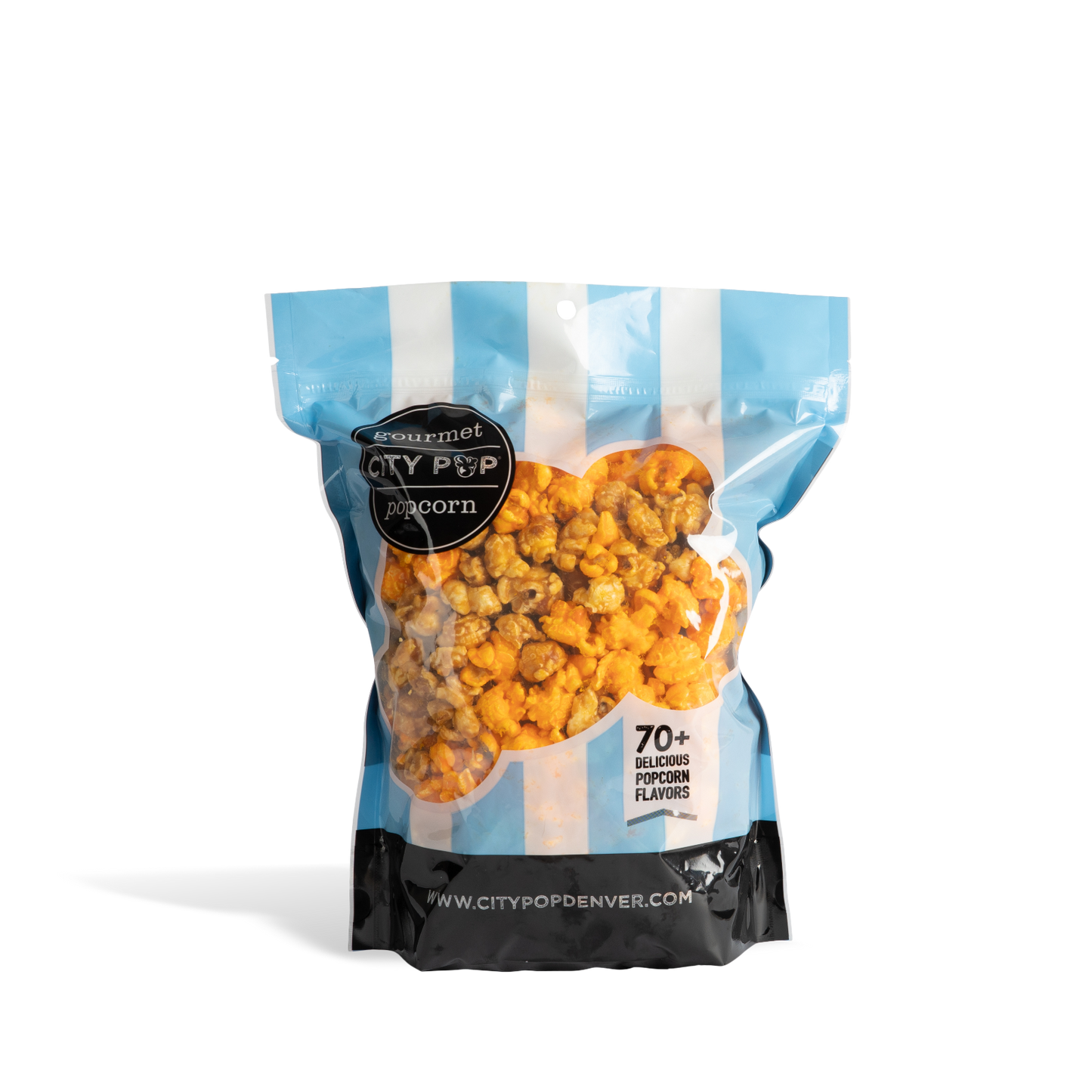 Bag of City Pop Extra Buttery Caramel Cheese Mix popcorn with blue and white striped design on a white background
