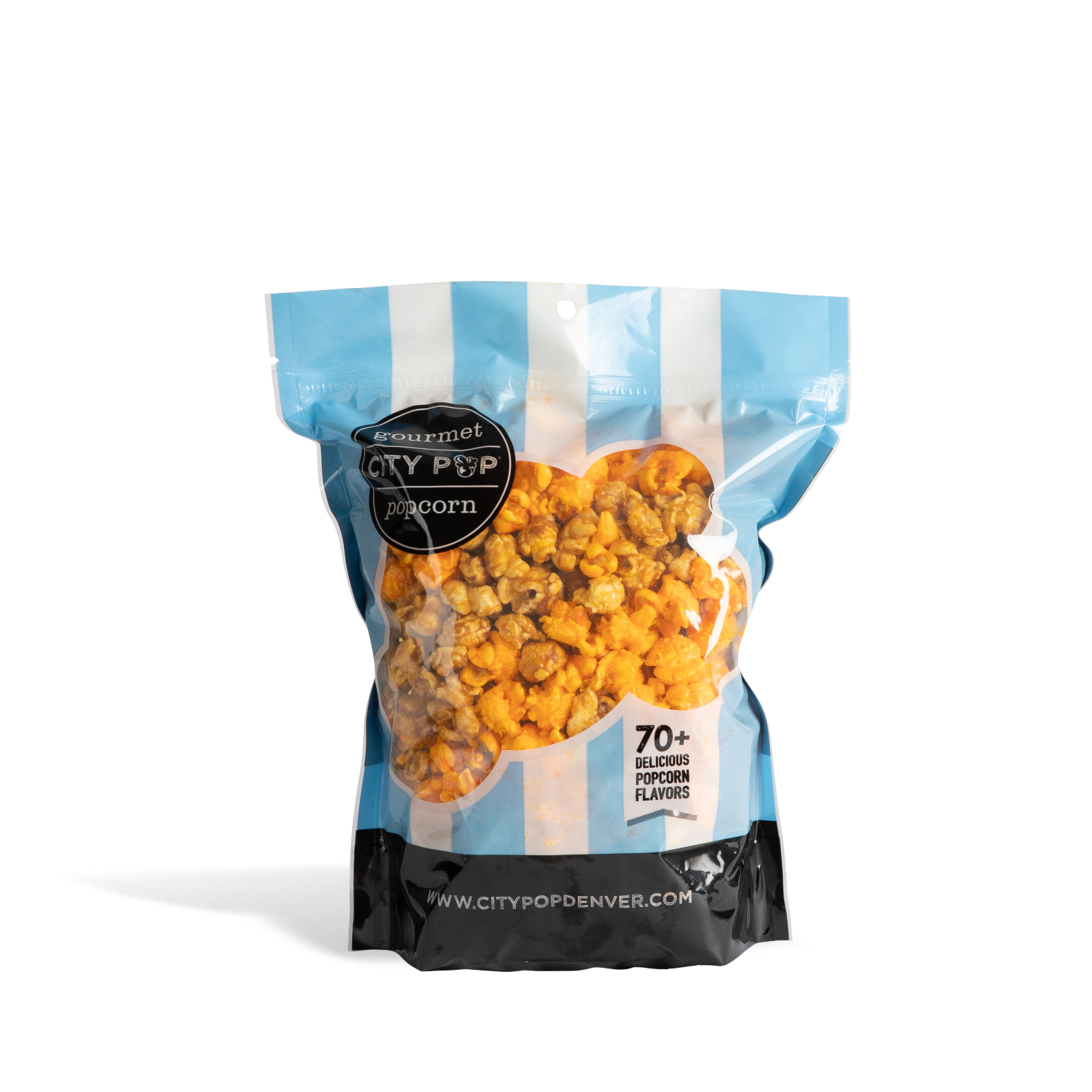 Bag of City Pop Extra Buttery Caramel Cheese Mix popcorn with blue and white striped design on a white background