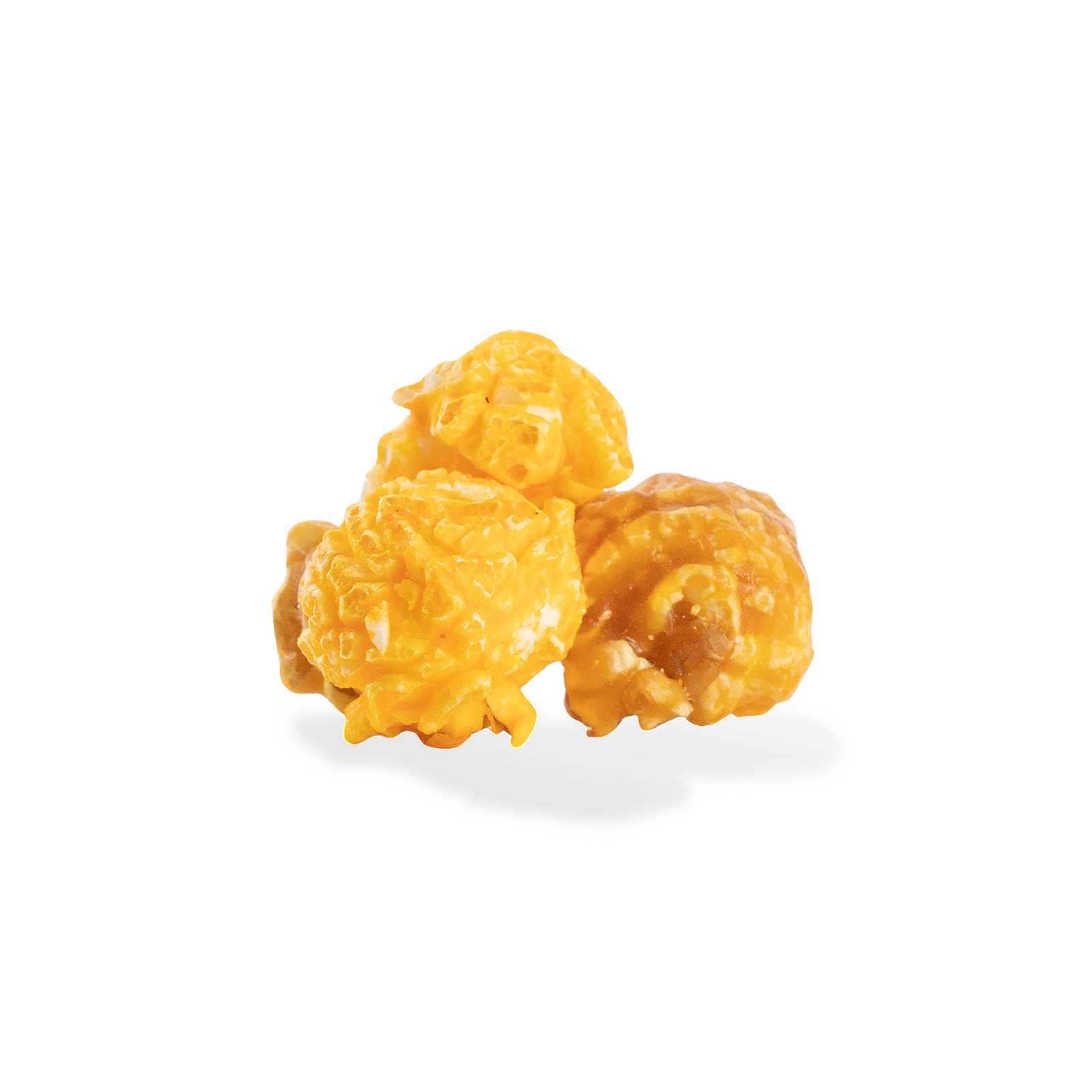Three pieces of Extra Buttery Caramel Cheese Mix popcorn on a white background