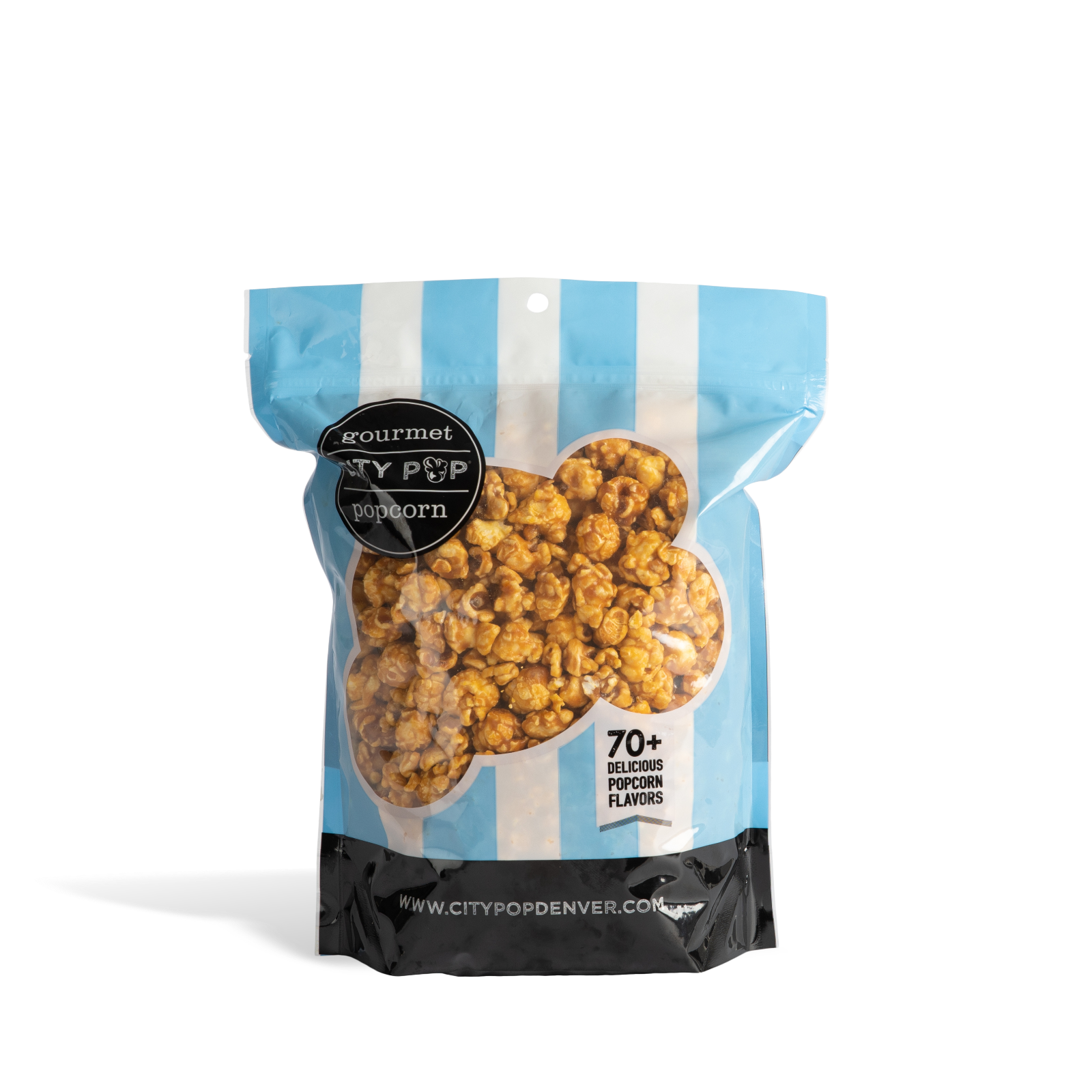 Bag of City Pop Extra Buttery Caramel popcorn with blue and white striped design on a white background