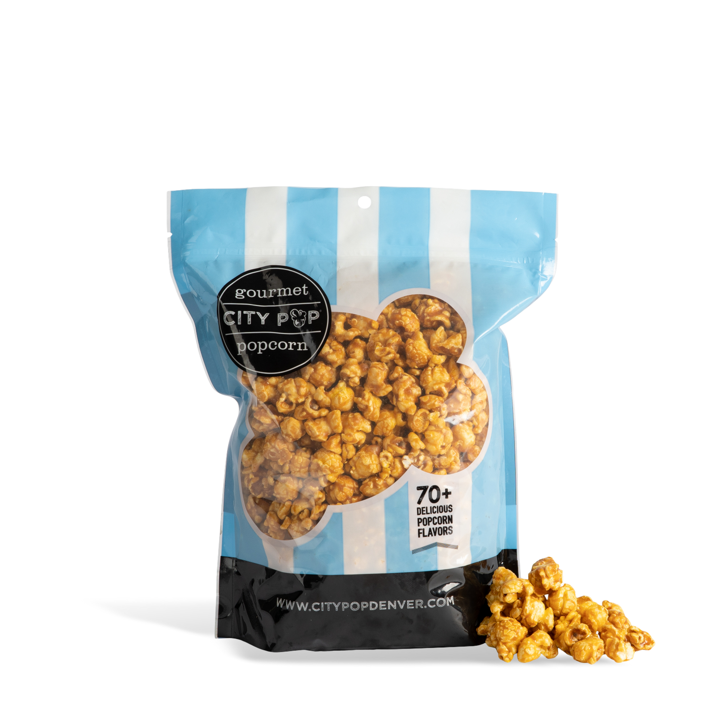 Bag of City Pop Extra Buttery Caramel popcorn with visible branding on a white background