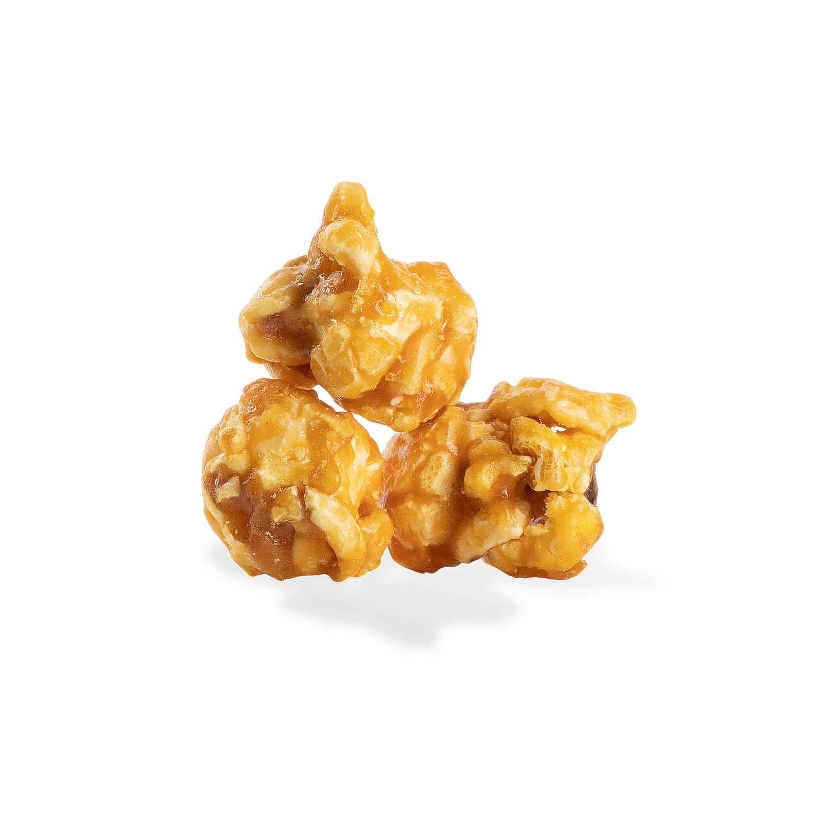 Three pieces of Extra Buttery Caramel popcorn on a white background