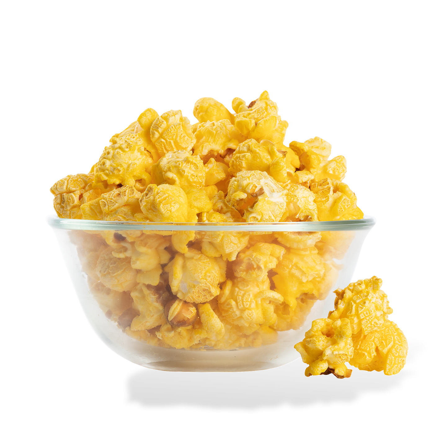 Extra Buttery Popcorn popped in a bowl on a white background