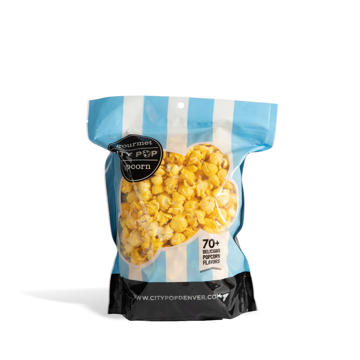 Bag of City Pop Extra Buttery popcorn with blue and white striped design on a white background