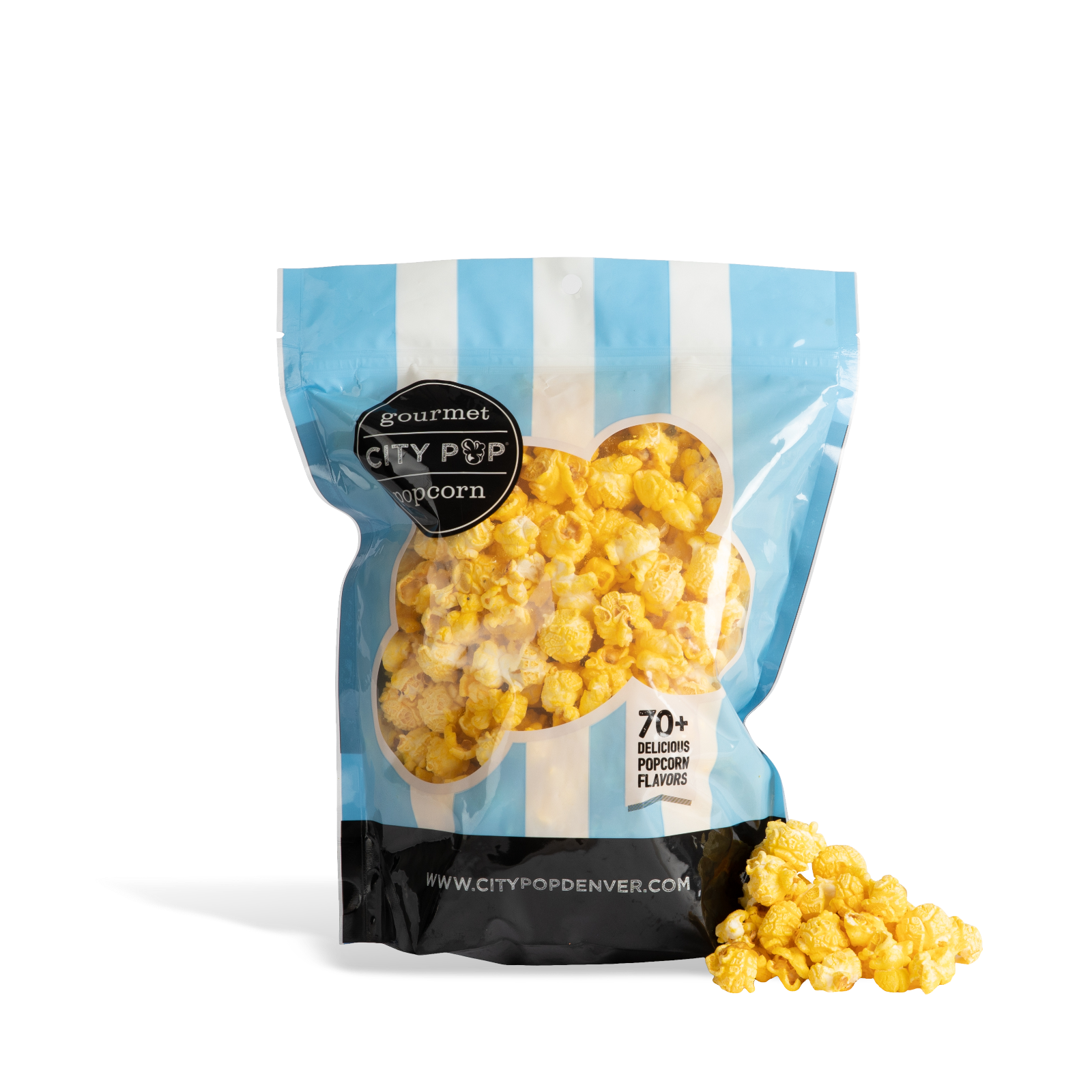 Bag of City Pop Extra Buttery  popcorn with visible branding on a white background