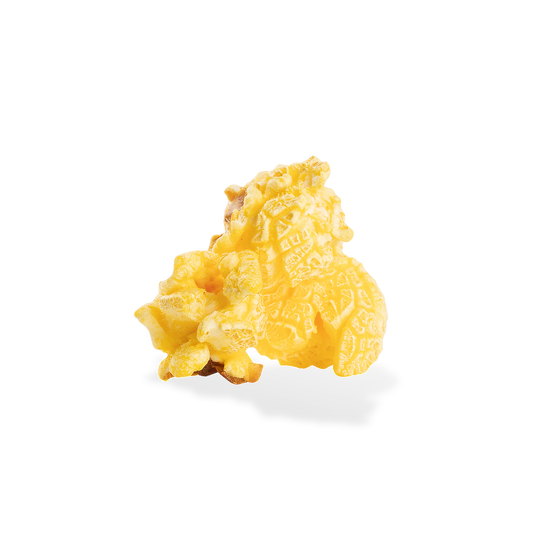 Three pieces of Extra Buttery popcorn on a white background