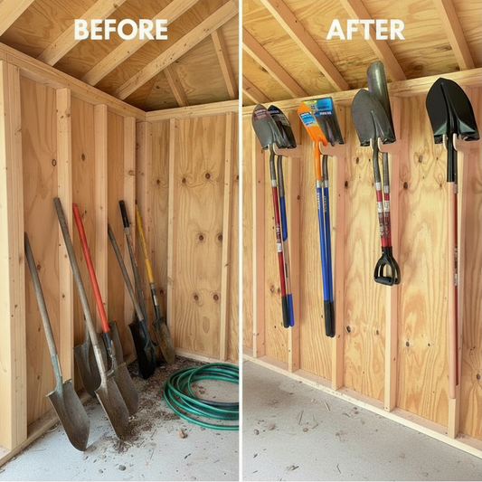 Before and after comparison showing shovels leaning against a wall cluttering the floor inside an unfinished shed versus neatly organized on the stud-mounted garden yard tool  organizers.