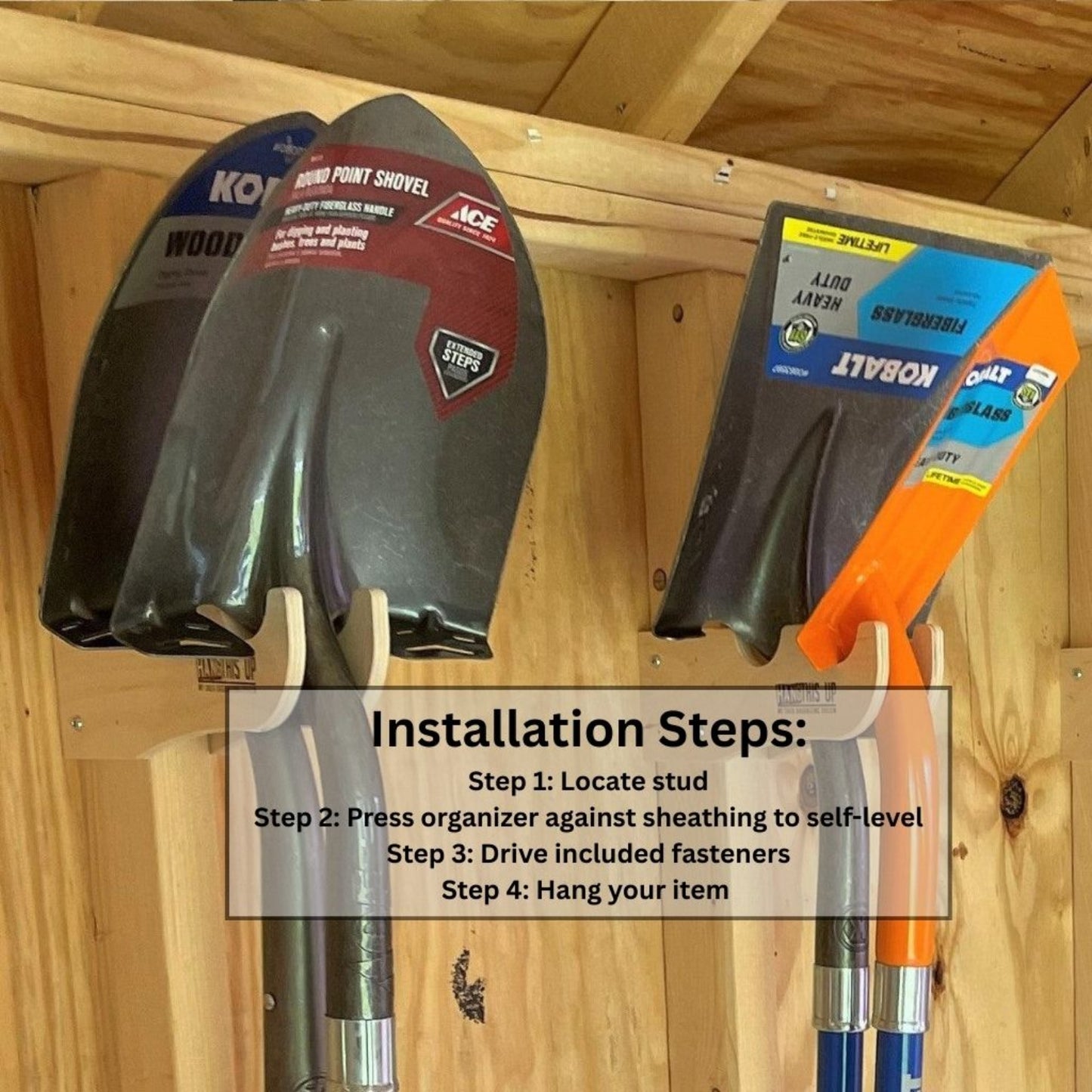 Installation guide for the stud-mounted garden yard tool organizer showing four steps: locate studs, position organizer, drive fasteners, and hang your items.