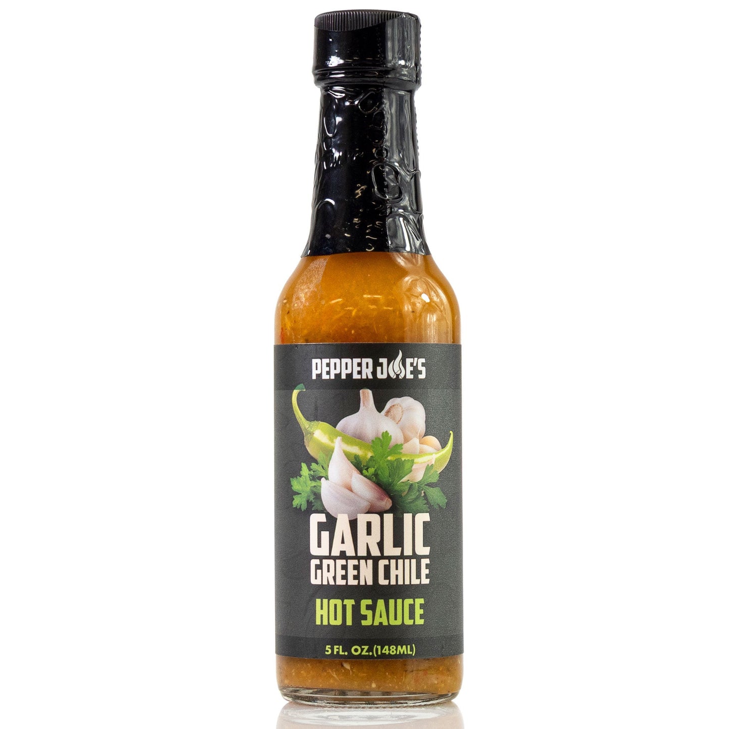 Bottle of Pepper Joe's Garlic Green Chile Hot Sauce on a white background