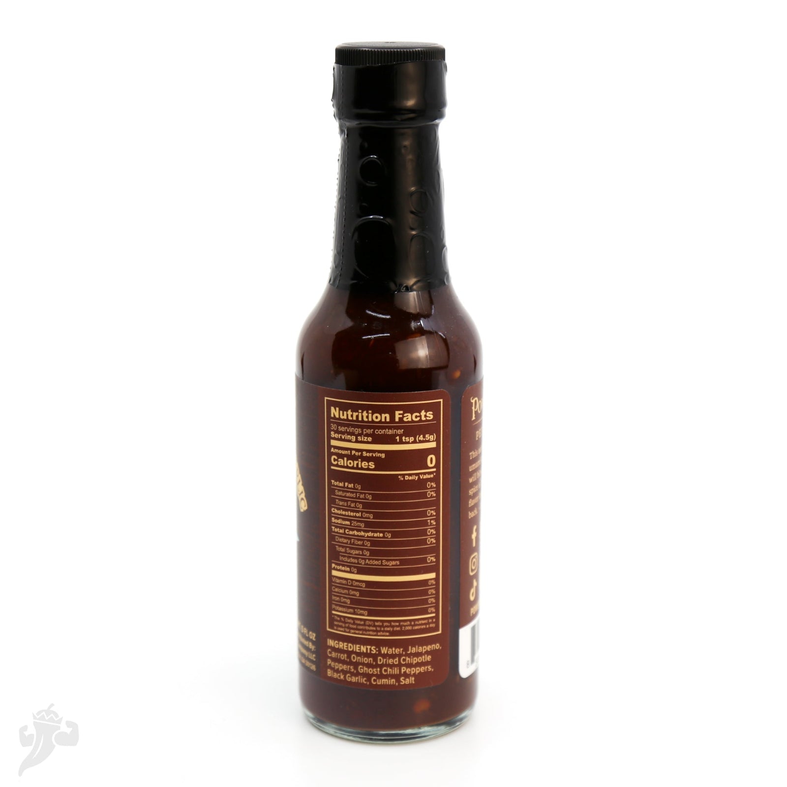 Bottle of Ghost Chipotle Black Garlic Hot Sauce on a white background with Nutrition Facts label visible