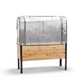 Wooden raised garden bed with plants and a greenhouse cover closed on a white background
