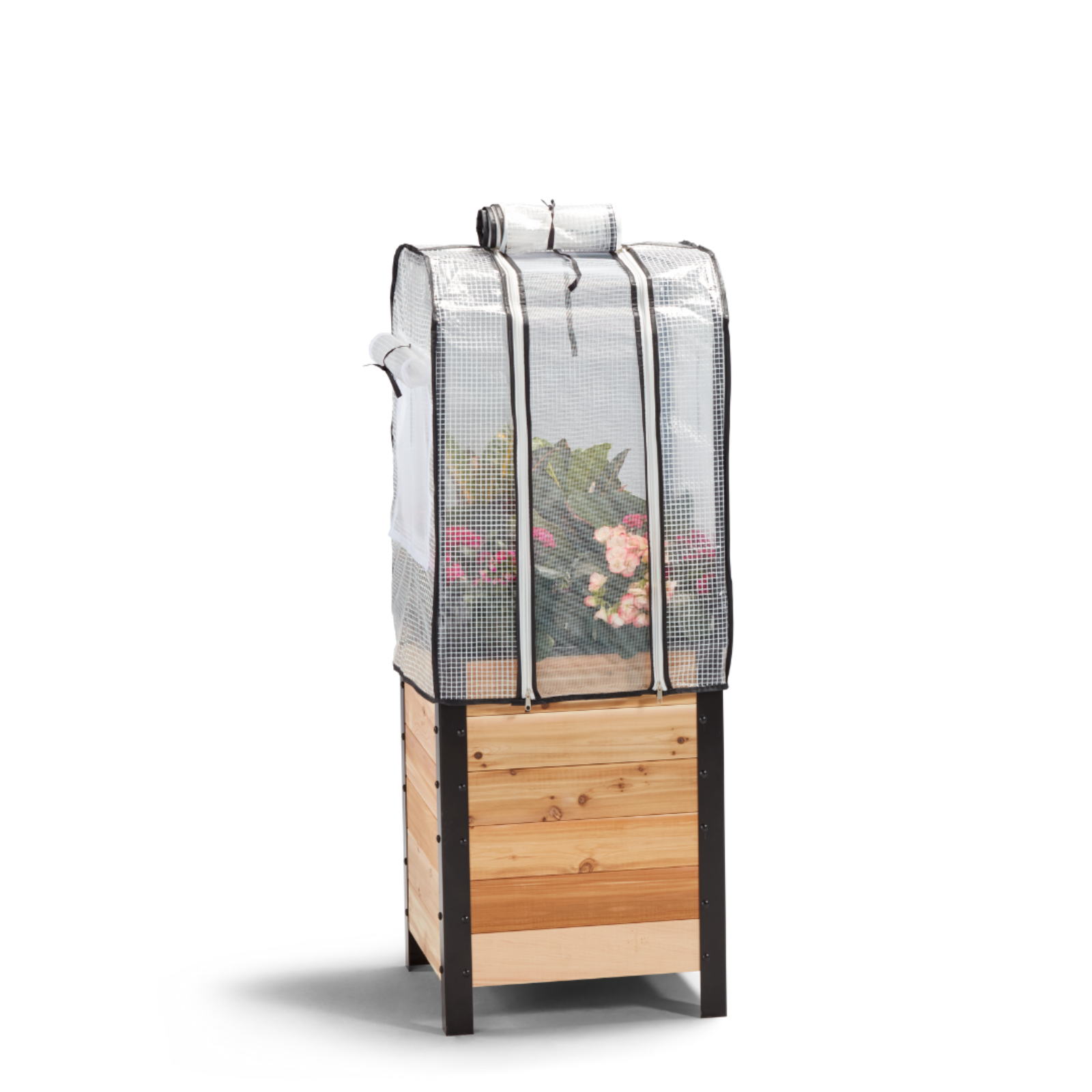 18" by 18" wooden planter with a greenhouse cover on a white background
