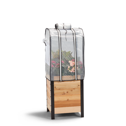 18" by 18" wooden planter with a greenhouse cover on a white background