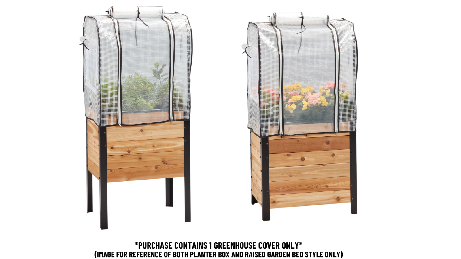 18" by 24" wooden planter and raised garden bed both with a greenhouse cover on a white background