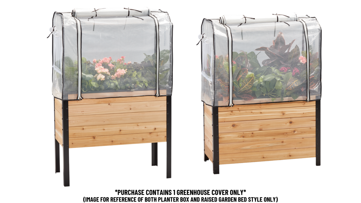 18" by 36" wooden planter and raised garden bed both with a greenhouse cover on a white background