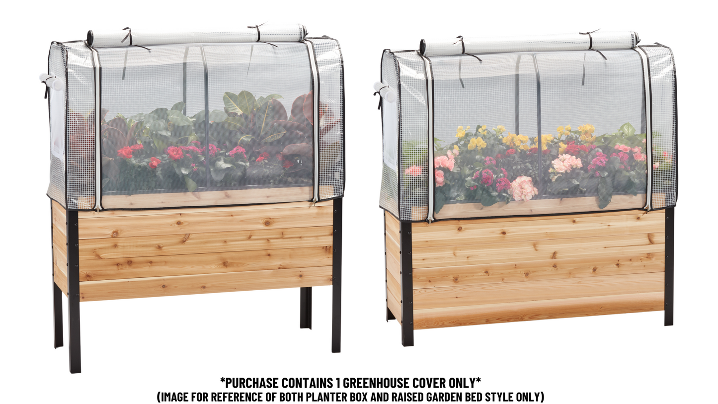 18" by 48" wooden planter and raised garden bed both with a greenhouse cover on a white background