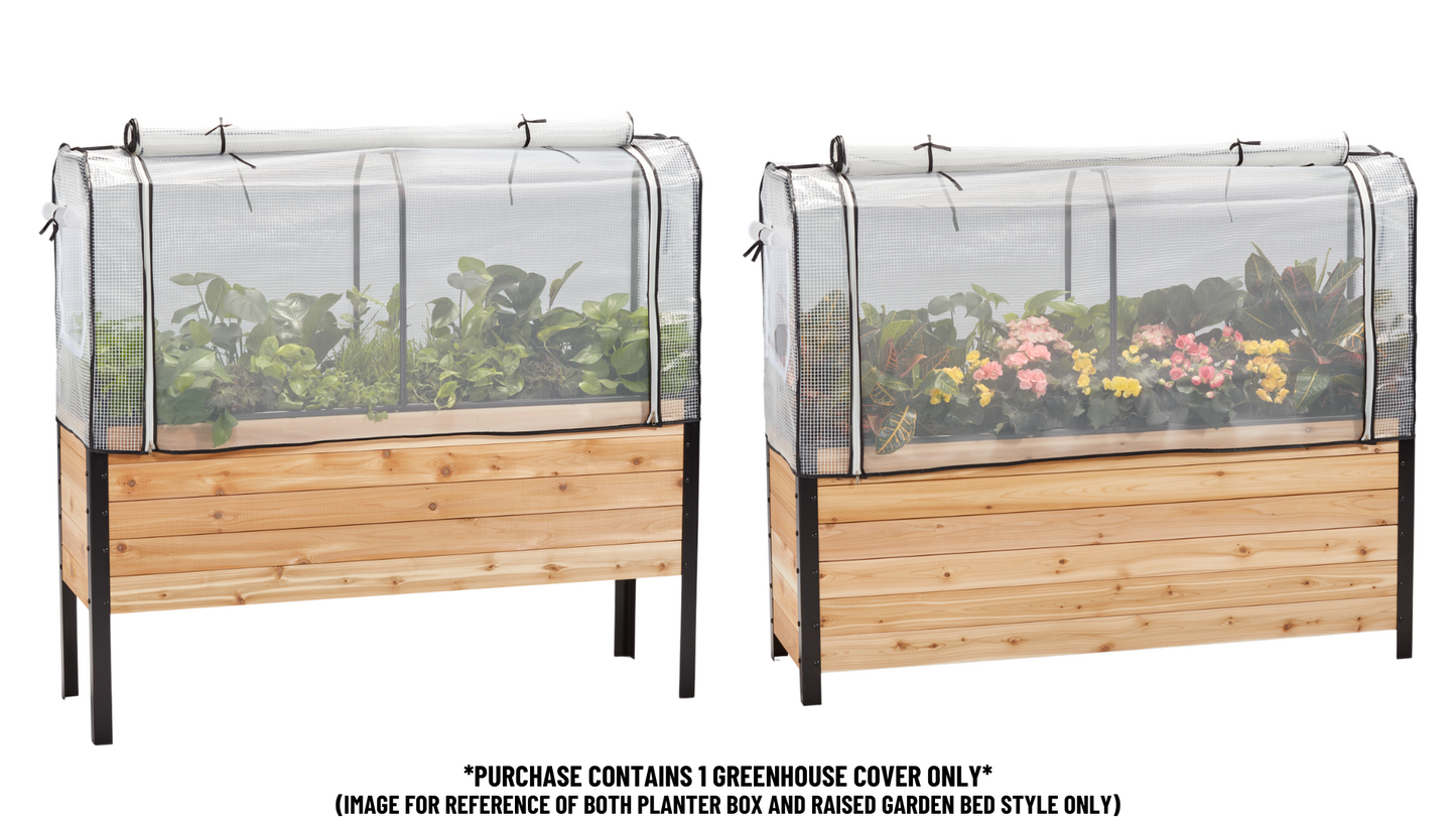 18" by 60" wooden planter and raised garden bed both with a greenhouse cover on a white background