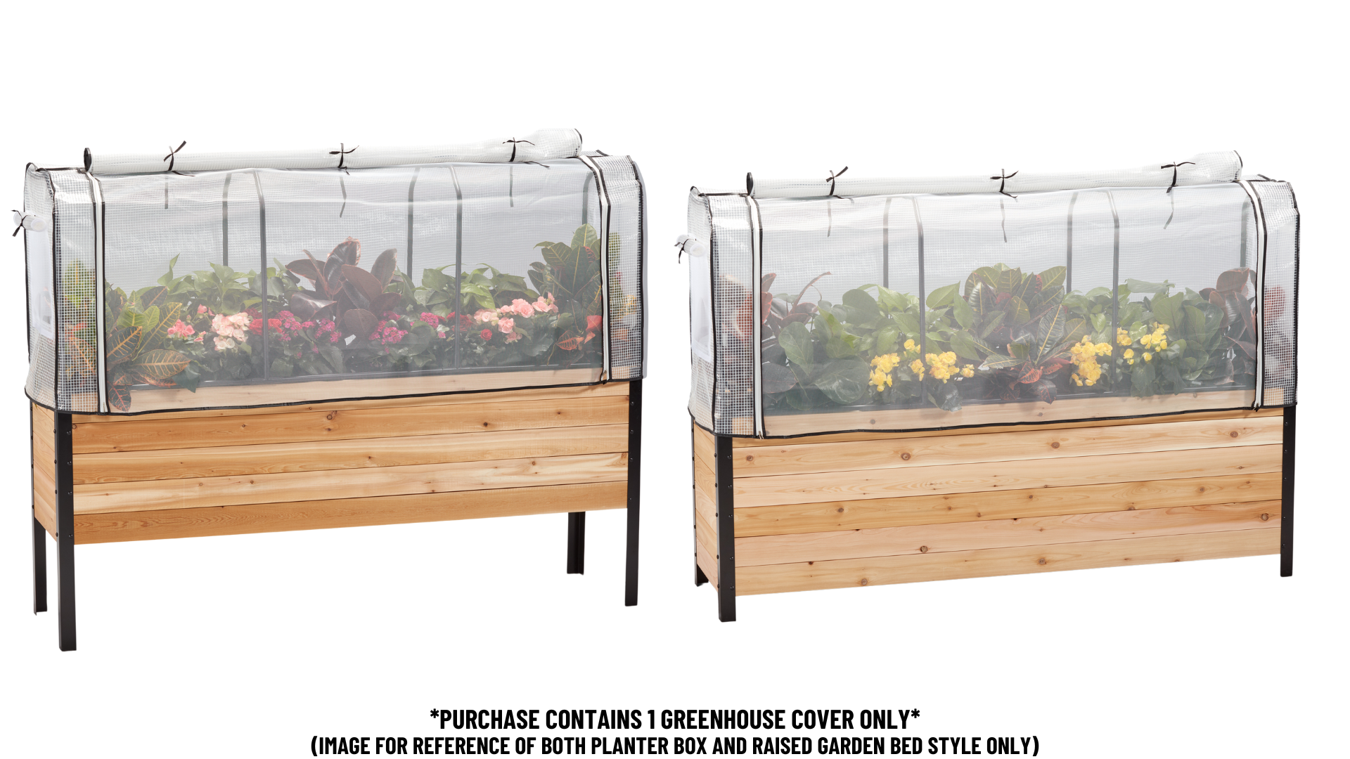 18" by 72" wooden planter and raised garden bed both with a greenhouse cover on a white background