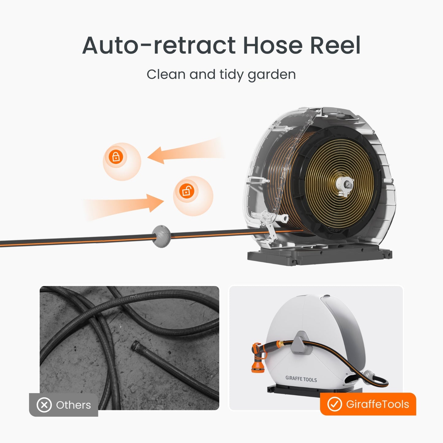 Auto-retract ground-mounted garden hose reel with clear casing, showing hose retraction to help create a clean and tidy garden. The image also shows a twisted hose laying on the ground compared to being rolled up inside the reel.