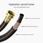 Ground-mounted retractable garden hose reel with included explosion-proof hose with labeled layers on a white background. Layers indicated include an anti-kink inner layer, reinforced knitted layer, and tear resistance outer layer. 