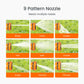 Ground-mounted retractable garden hose nozzle with 9 different water spray patterns on a grass background with all nine patterns identified including: rinse, cone, soaker, flat, mist, center, angle, vertical, and shower