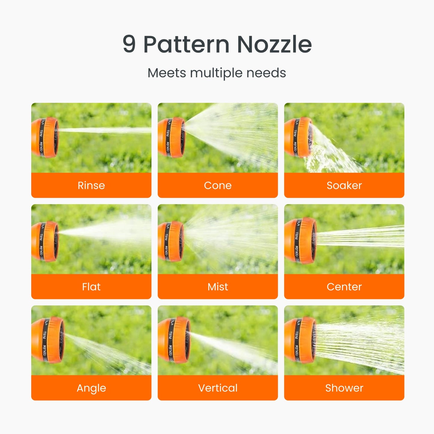 Ground-mounted retractable garden hose nozzle with 9 different water spray patterns on a grass background with all nine patterns identified including: rinse, cone, soaker, flat, mist, center, angle, vertical, and shower