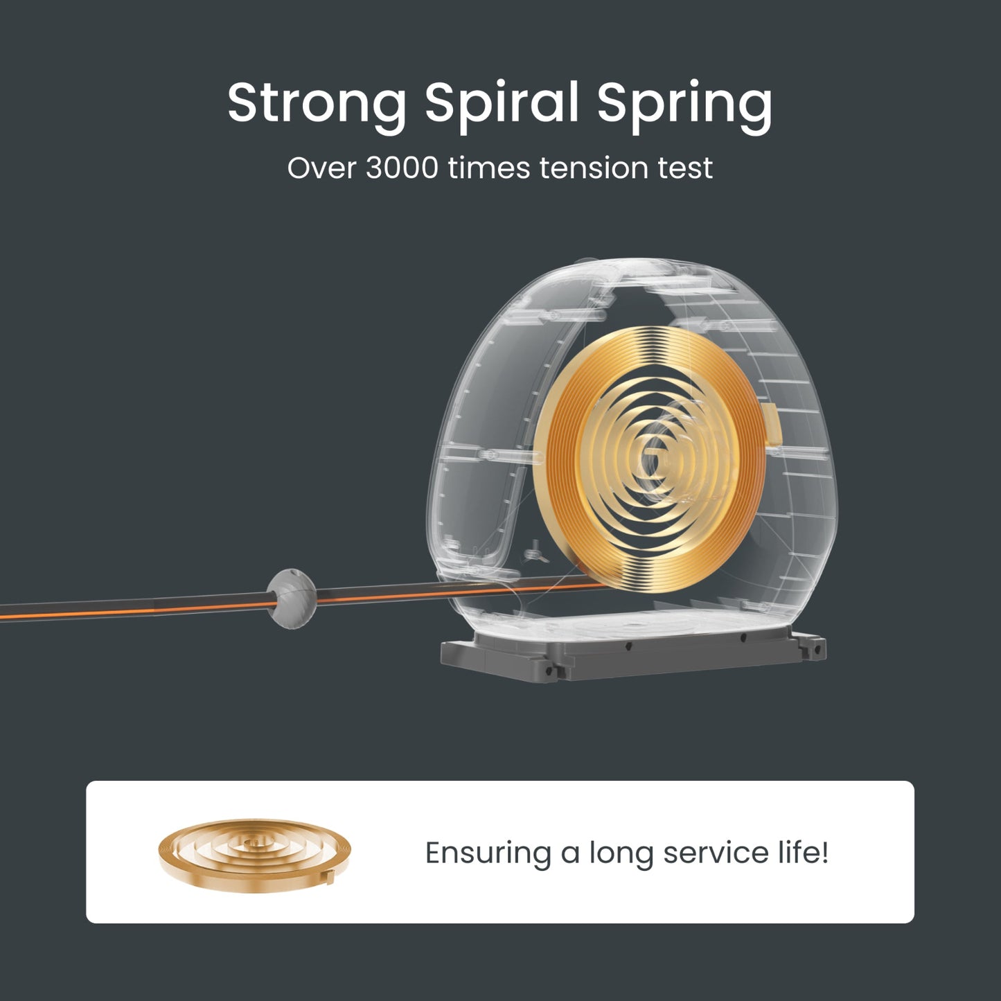Strong spiral spring shown inside the ground-mounted retractable garden hose reel on a dark background