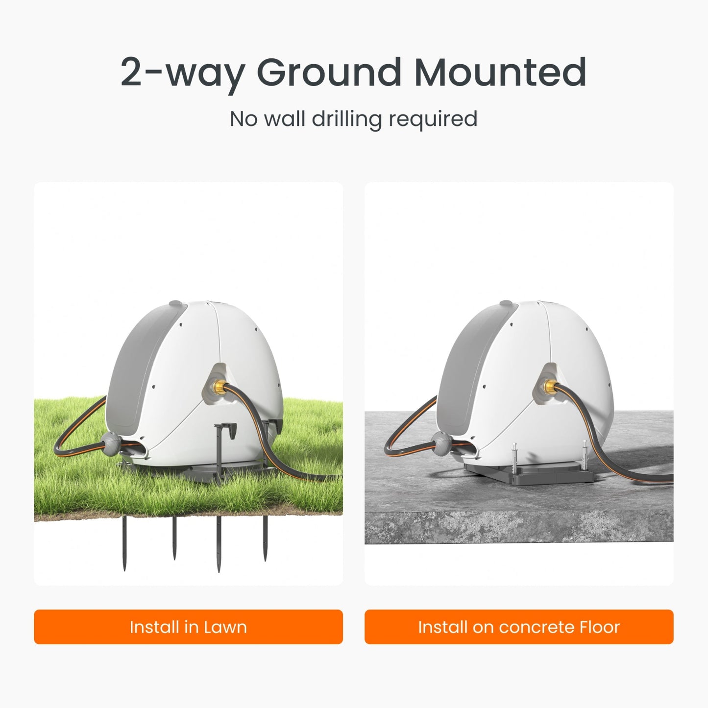 Ground-mounted retractable garden hose shown installed in two ways, one installed in the ground with stakes and the second installed in a concrete floor. 