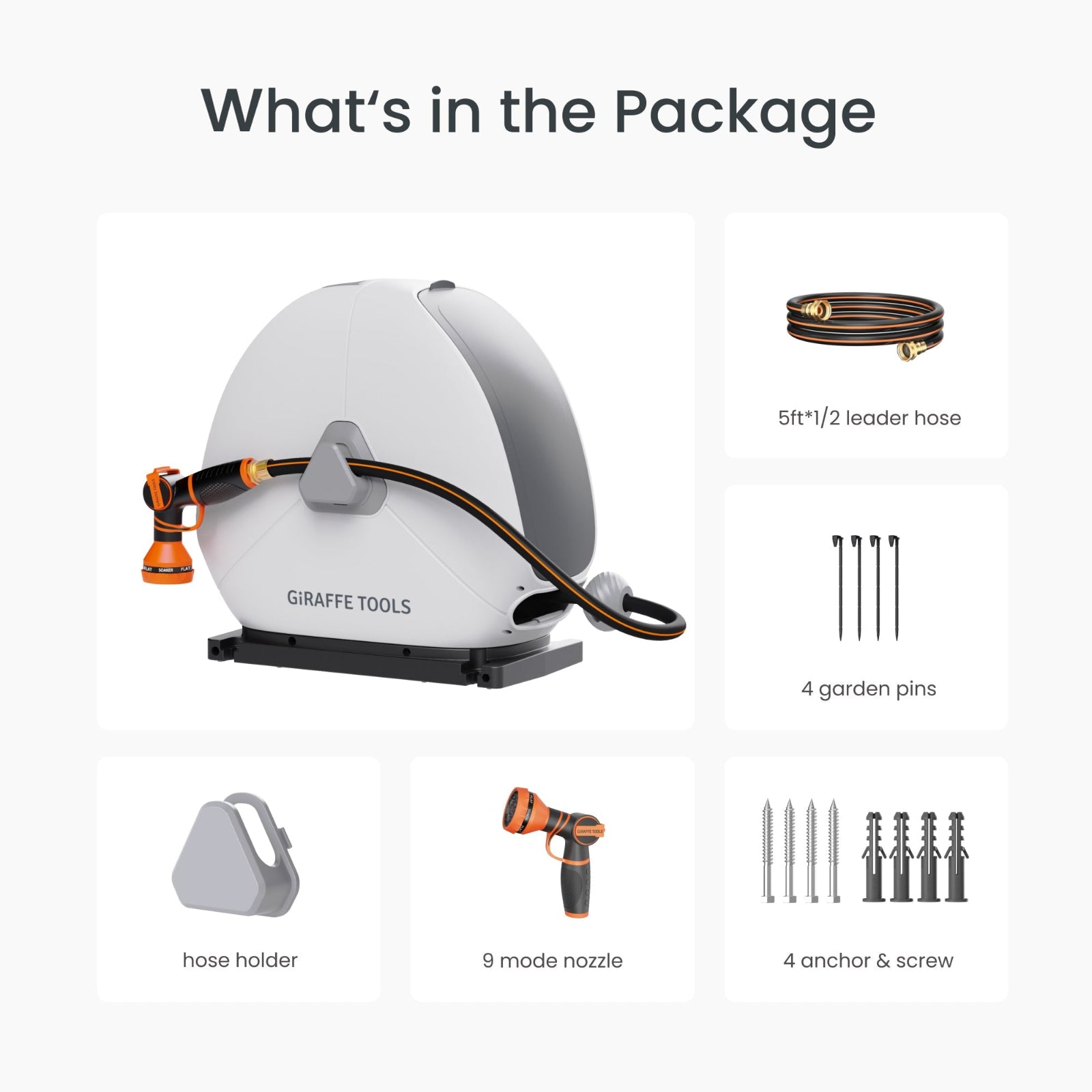 Ground-mounted retractable garden hose reel on a white background with items included in the package listed: hose holder, 9 mode nozzle, 5 1/2 foot leader hose, 4 garden pins, and 4 anchors with screws.