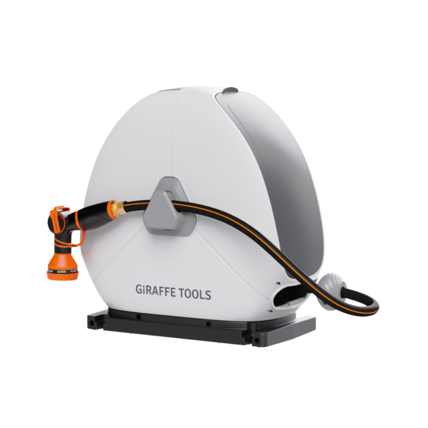 Ground-mounted reel with black and orange nozzle on a white background